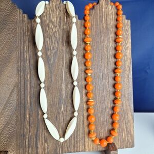 2 Vintage Beaded Necklaces Off White Silver Beads 23.5" Orange Gold Beads 25"